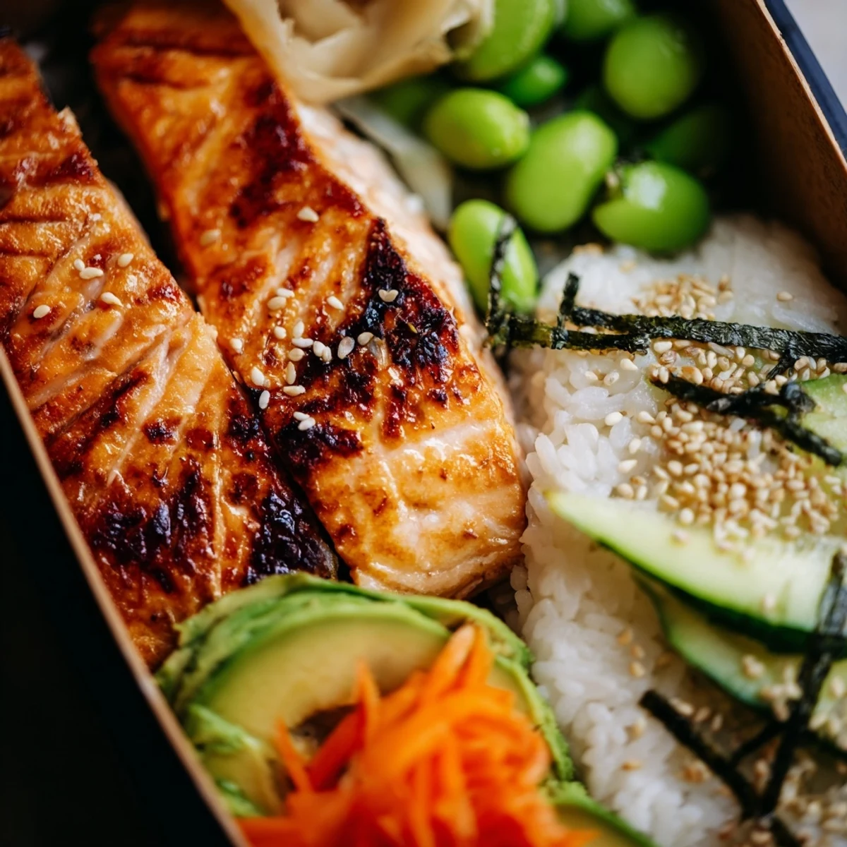 Traditional Japanese breakfast bento box with grilled salmon fish, steamed rice, and colorful vegetable sides arranged in compartments