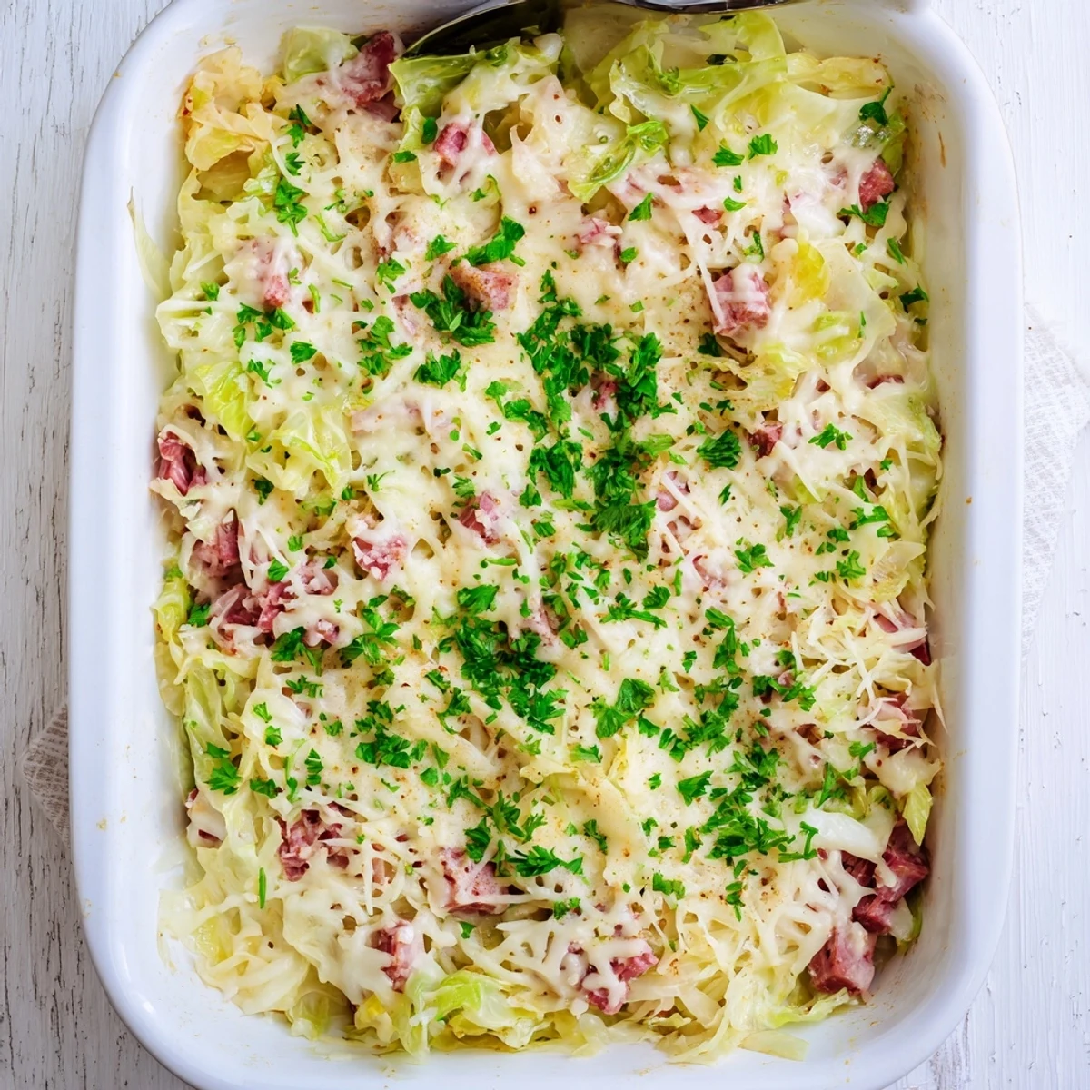 Golden bubbly creamy corned beef cabbage parmesan bake fresh from oven with melted cheese topping