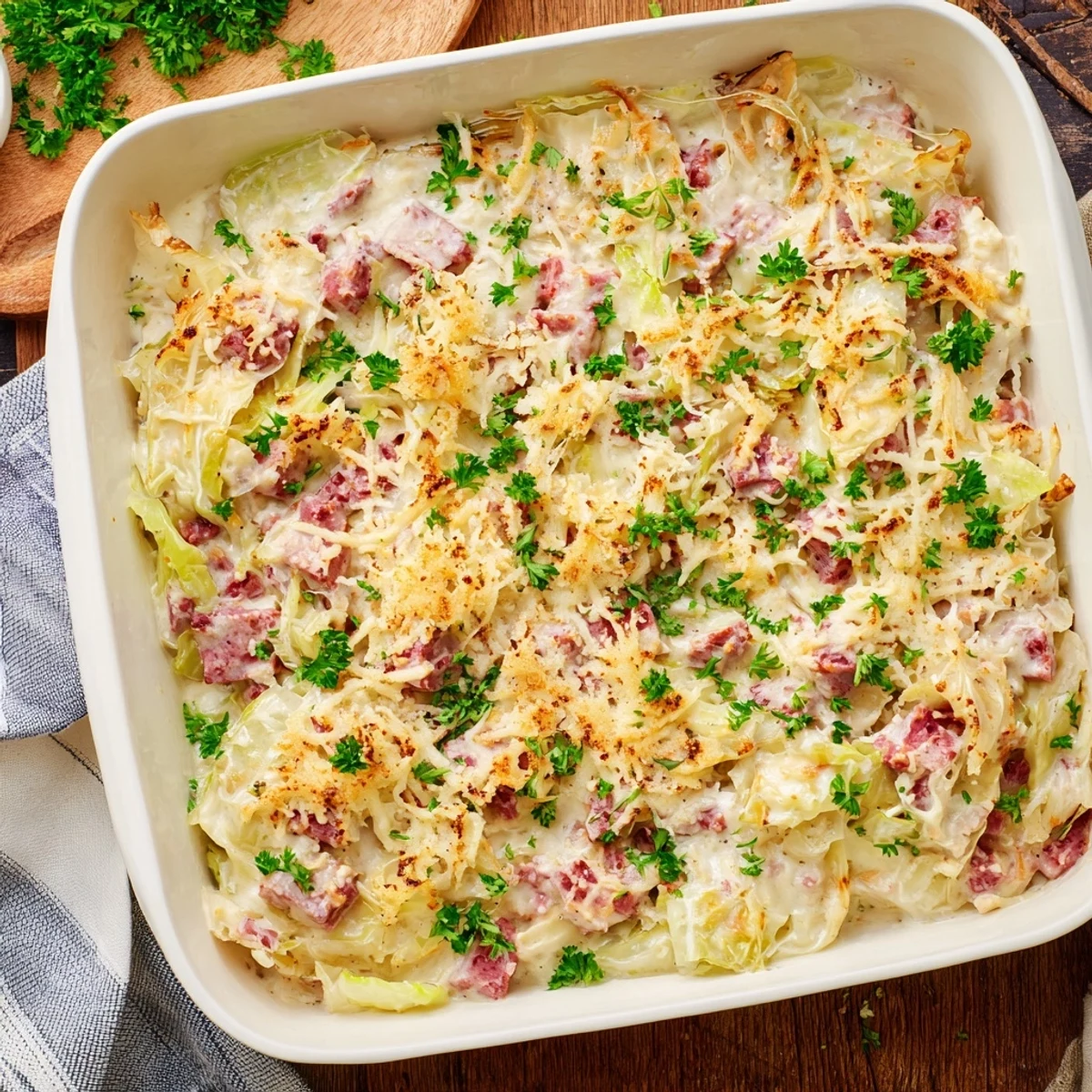 Spoonful of tender cabbage and corned beef in rich parmesan cream sauce casserole
