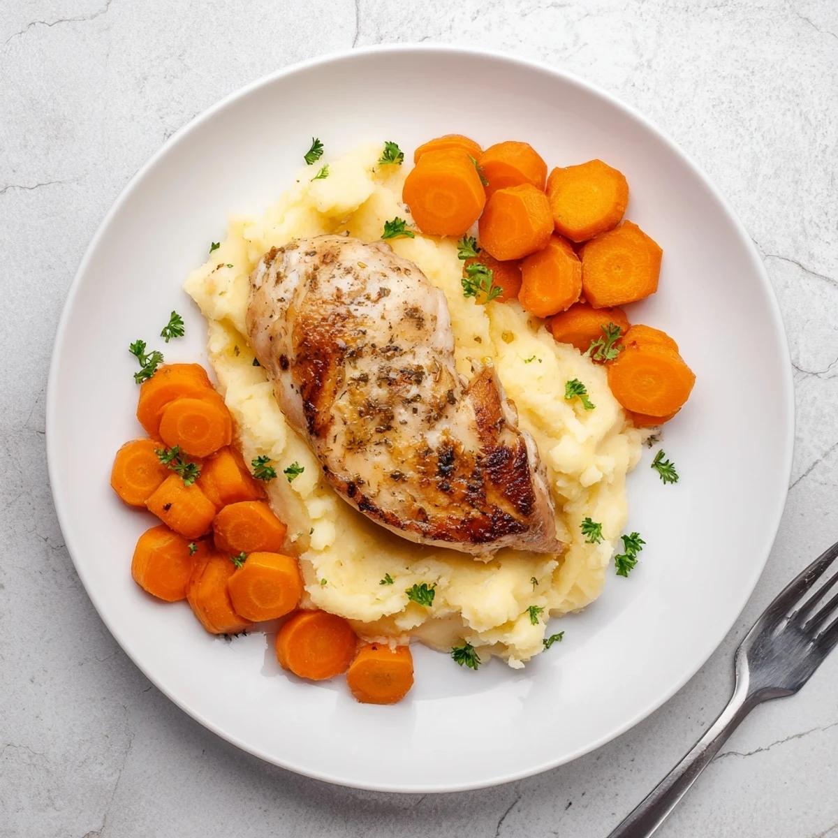 Tender roasted chicken with aromatic herbs served beside creamy mashed potatoes and sweet glazed carrots