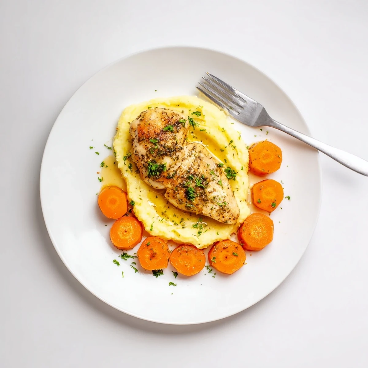 Juicy garlic herb marinated chicken plated with fluffy buttery potatoes and shiny honey glazed carrots