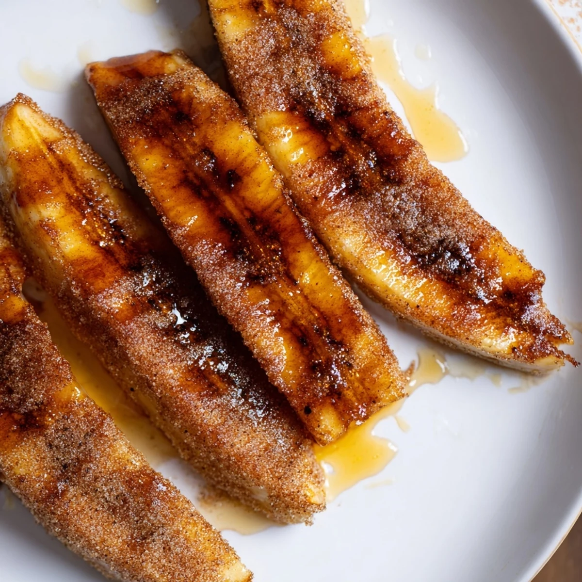 Warm caramelized banana slices sprinkled with cinnamon and served on a white plate