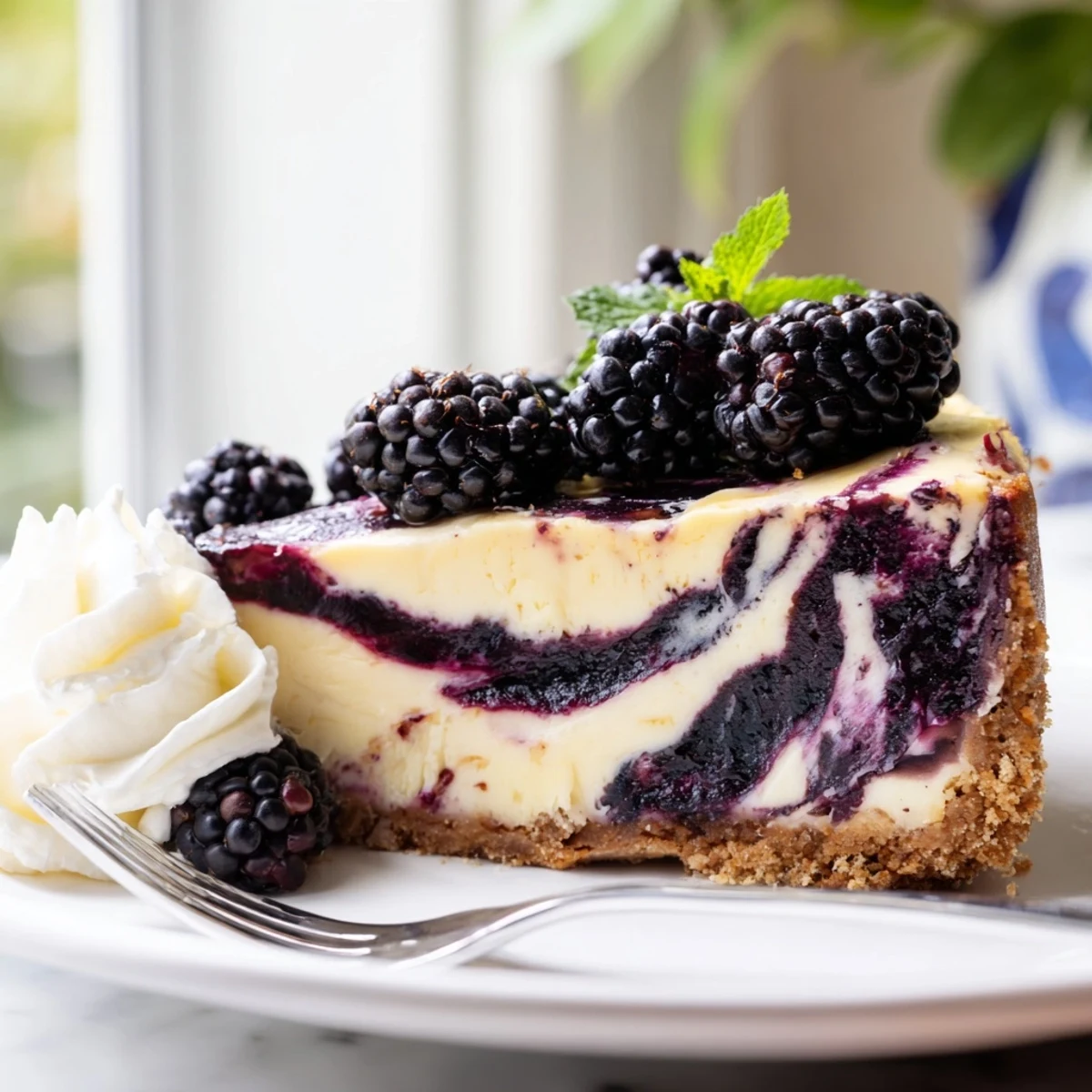 Creamy Blackberry Bliss Cheesecake with vibrant purple swirls and graham cracker crust