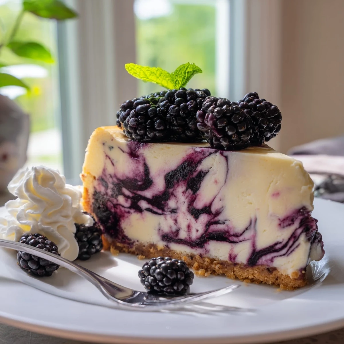 Blackberry Bliss Cheesecake slice topped with fresh berries and mint on white plate