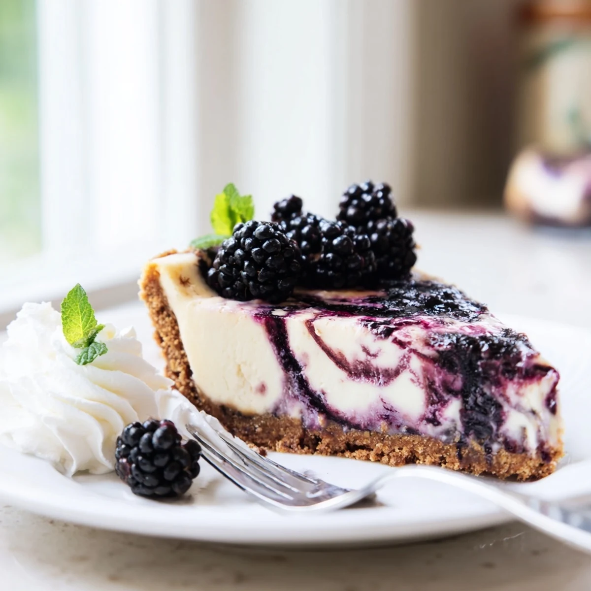 Decadent Blackberry Bliss Cheesecake showing marbled fruit compote throughout smooth vanilla filling