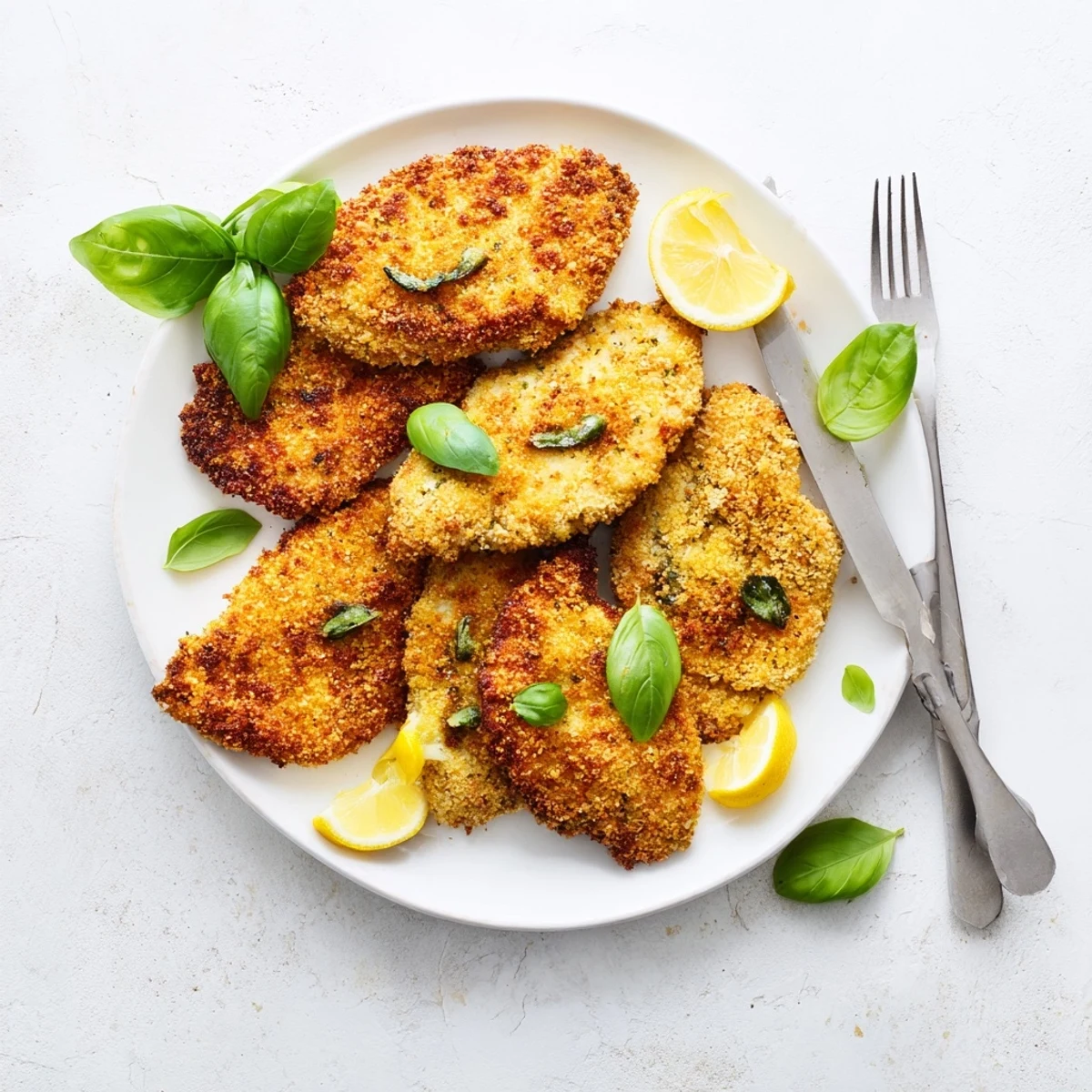 Crispy pan-fried chicken cutlets coated with Parmesan and basil for a quick Italian dinner