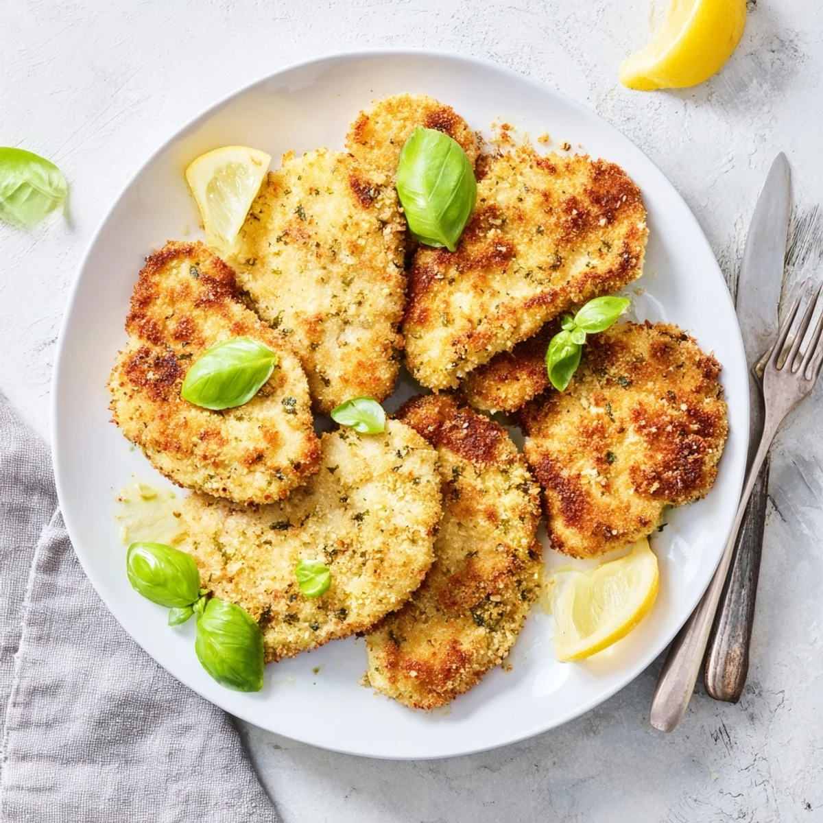 Golden Parmesan basil chicken cutlets served on a white plate with fresh basil garnish