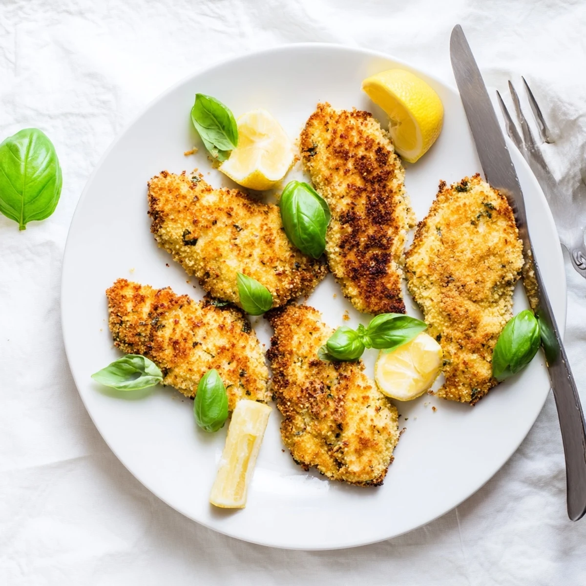 Savory breadcrumb-crusted chicken breasts with melted Parmesan and green basil accents