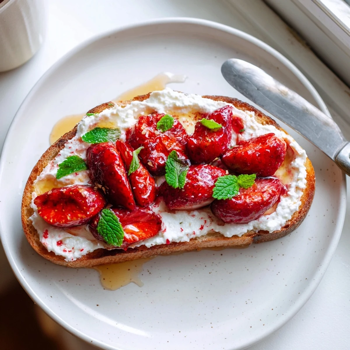 Golden roasted strawberry whipped ricotta toast garnished with fresh mint and drizzled honey