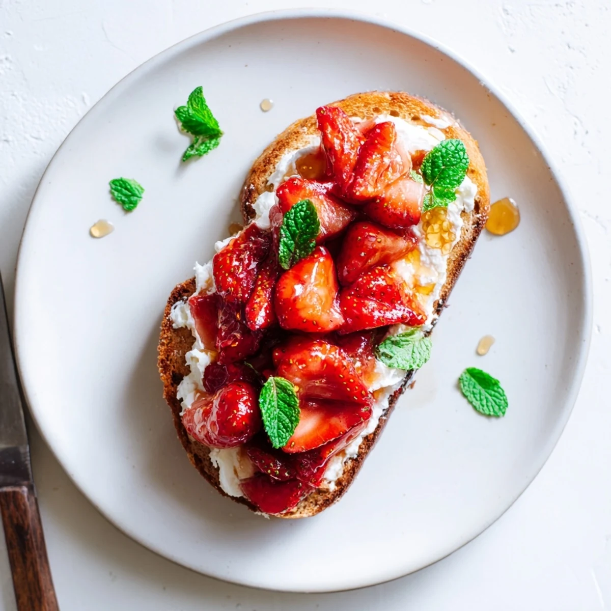 Artisan bread topped with creamy whipped ricotta and syrupy roasted strawberry slices