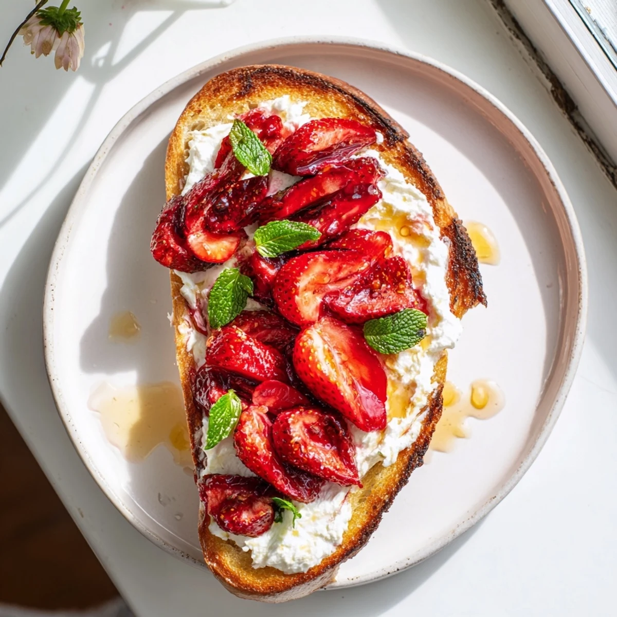 Crispy sourdough toast piled high with sweet roasted strawberries and fluffy lemon ricotta