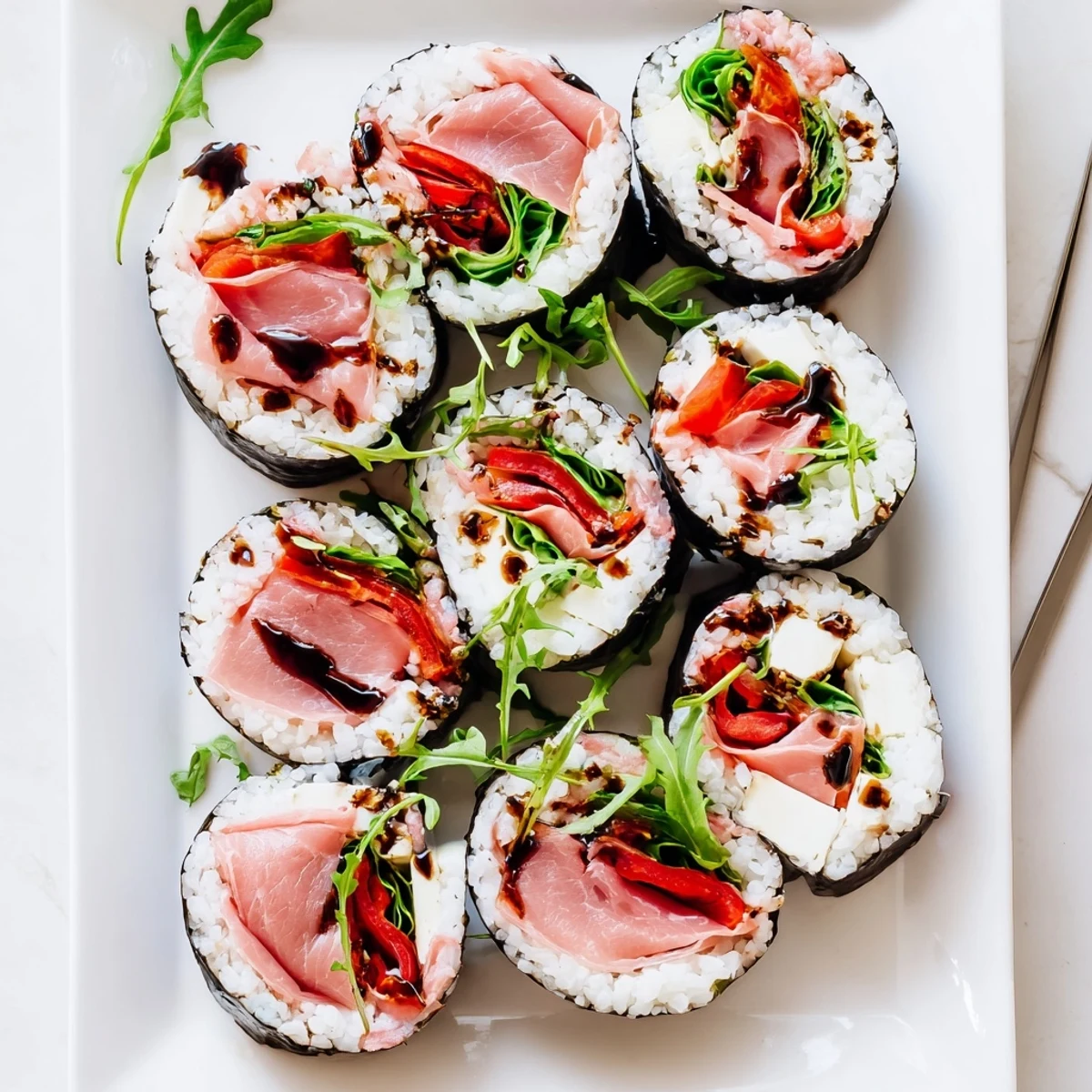 Colorful Italian sushi rolls featuring prosciutto, fresh mozzarella, roasted peppers, and basil on dark nori