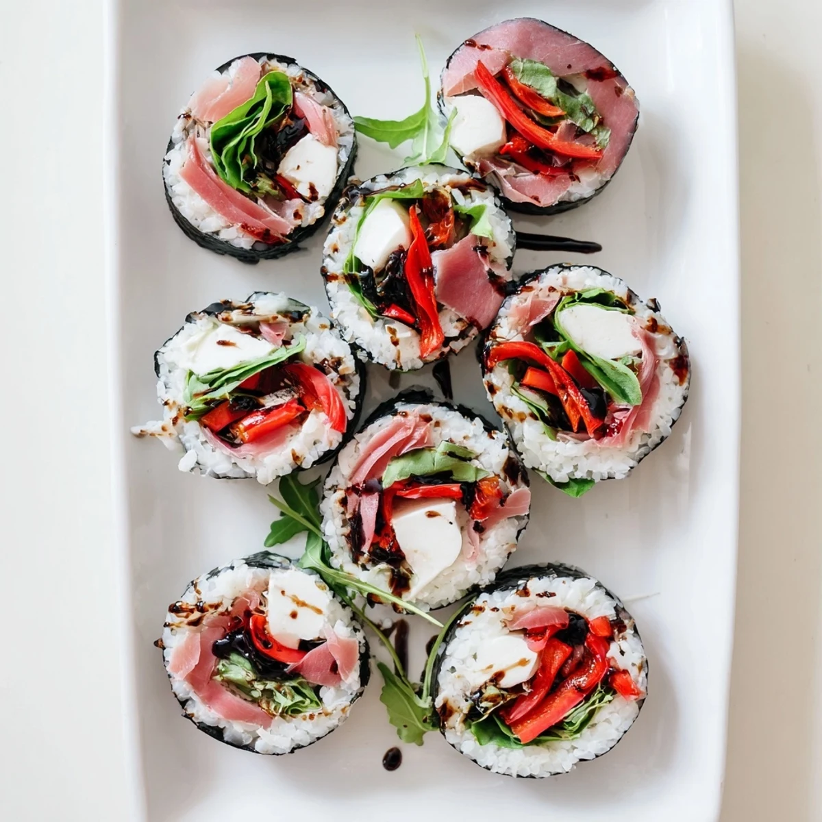 Mouthwatering fusion sushi with sun-dried tomatoes, arugula, melted mozzarella, and Italian herbs arranged on platter