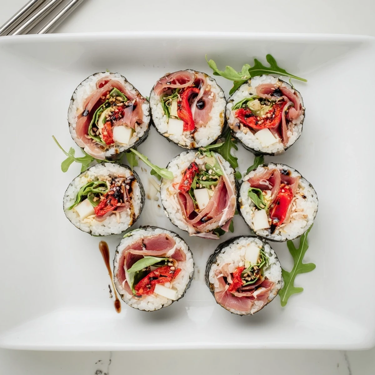Vibrant sushi pieces stuffed with roasted red peppers, prosciutto, fresh basil, and creamy mozzarella topping