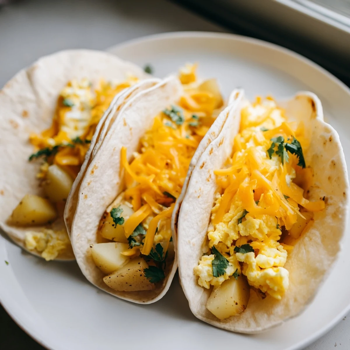 Golden potato egg cheese breakfast tacos stuffed with fluffy scrambled eggs and melted cheddar in warm flour tortillas