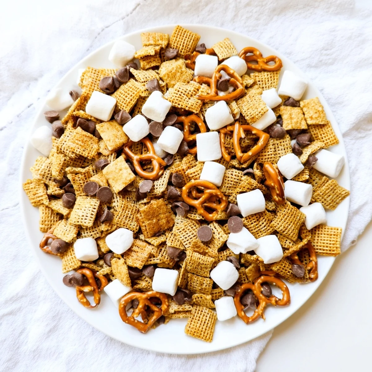 Party-ready s'mores snack mix displayed in rustic wooden bowl with melted chocolate drizzle over crunchy graham cereal