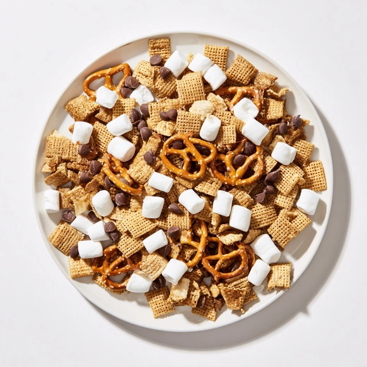 Golden bowl filled with chocolatey s'mores snack mix featuring marshmallows, cereal squares, and salty pretzels