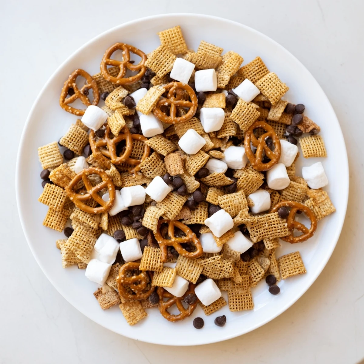 Close-up of layered s'mores snack mix recipe showing mini marshmallows nestled among chocolate chips and twisted pretzels