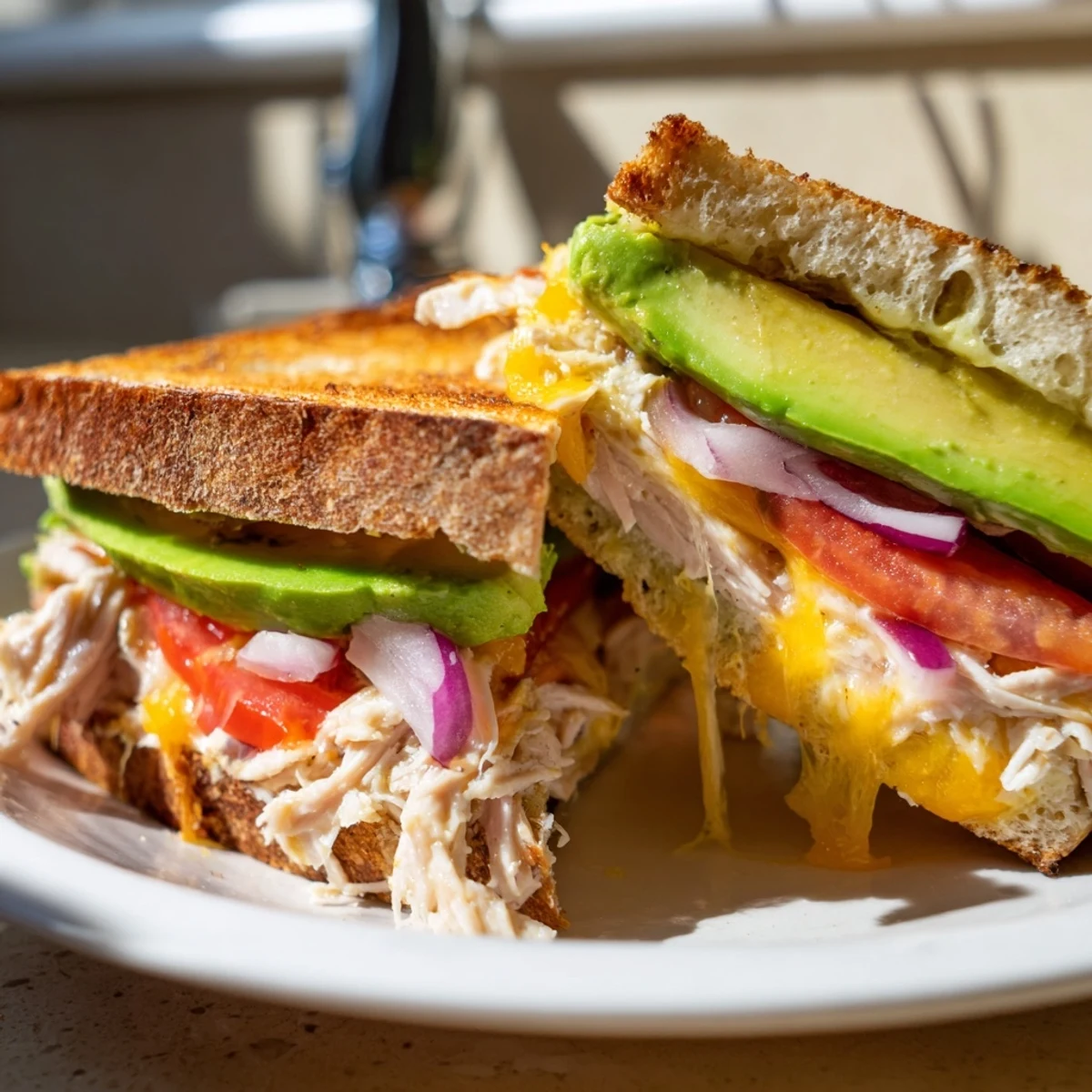 Golden brown chicken avocado melt sandwich with melted cheese and fresh tomato slices on toasted bread