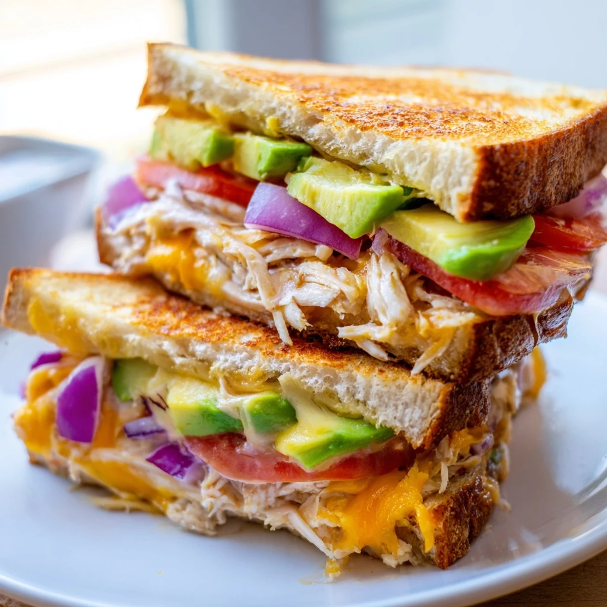 Chicken avocado melt sandwich cut diagonally showing layers of creamy avocado and melted cheddar cheese
