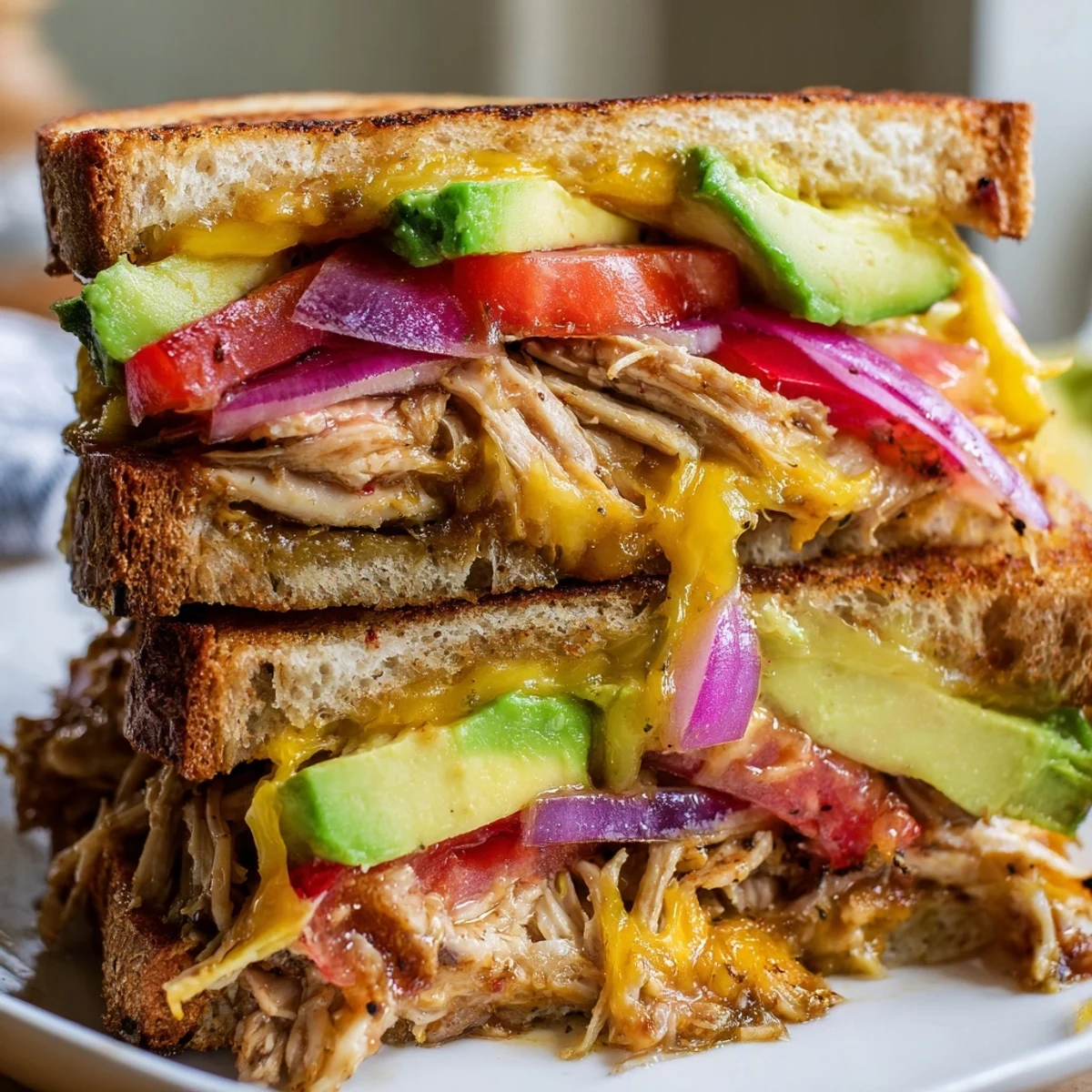 Sliced chicken avocado melt sandwich on a plate with crisp red onion and ripe tomato