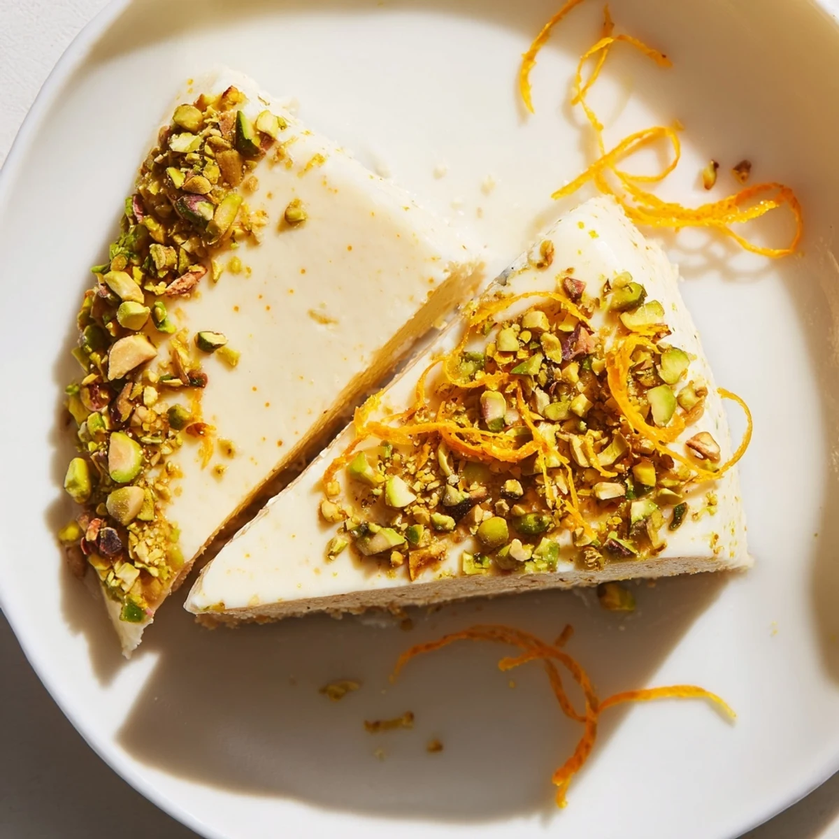 Slice of orange cardamom tart garnished with chopped pistachios and fresh orange zest strips