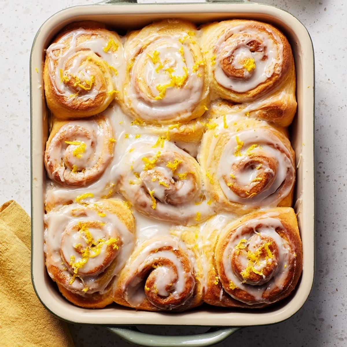 Golden homemade lemon rolls drizzled with white glaze and fresh lemon zest garnish