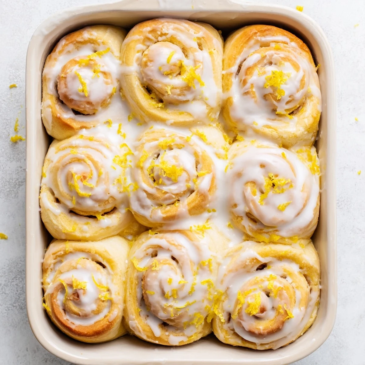 Baked lemon rolls arranged in a metal pan topped with tangy lemon powdered sugar glaze