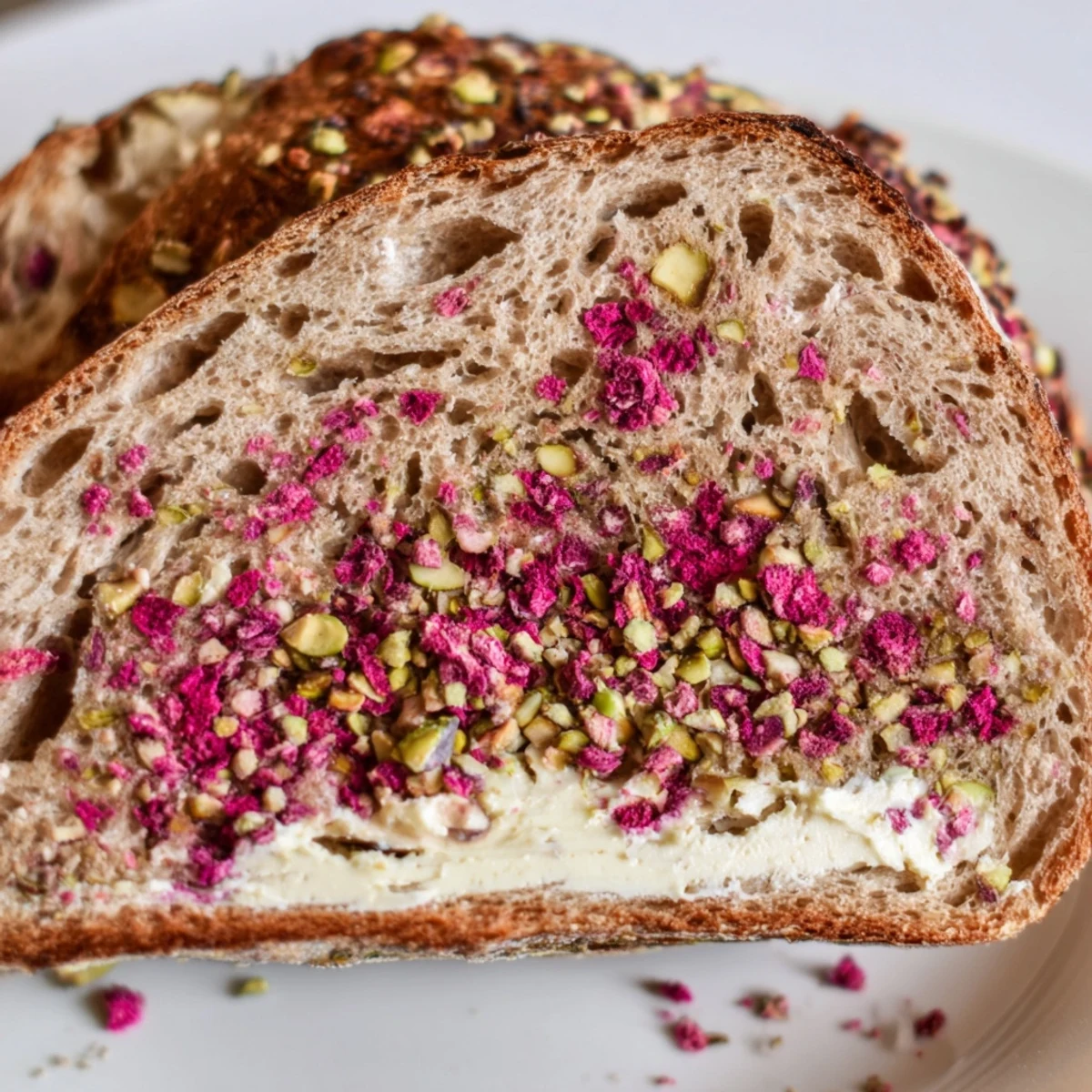 Golden brown raspberry pistachio sourdough bagels topped with crunchy nuts and tart berry pieces