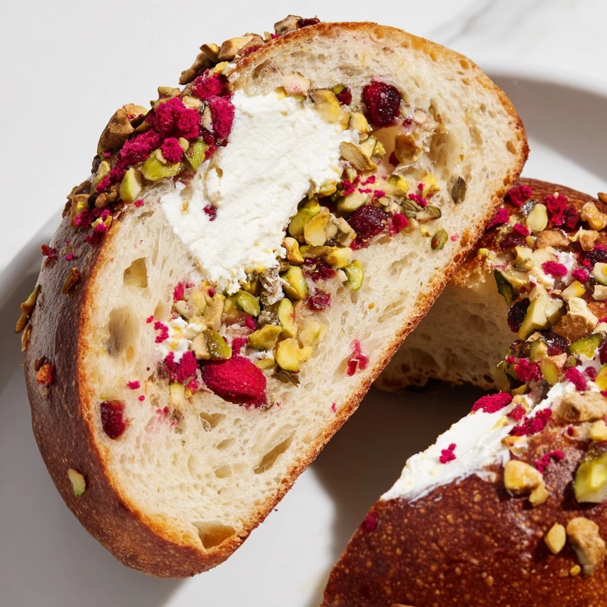 Freshly baked sourdough bagels studded with vibrant raspberries and nutty pistachios on a wire rack