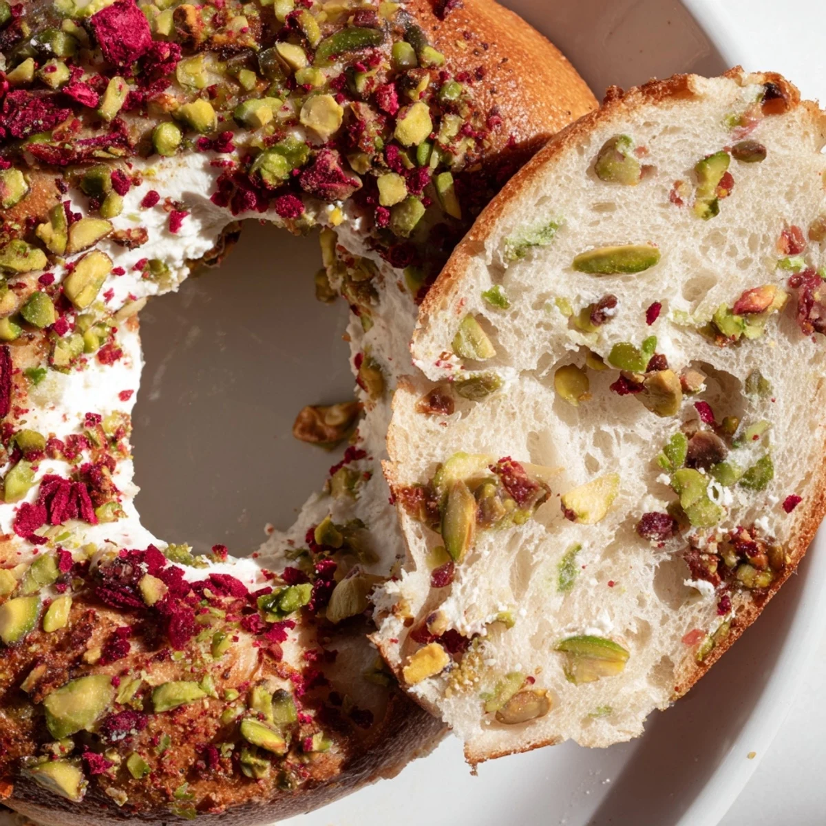 Chewy homemade raspberry pistachio sourdough bagels sprinkled with pistachio chunks ready for breakfast