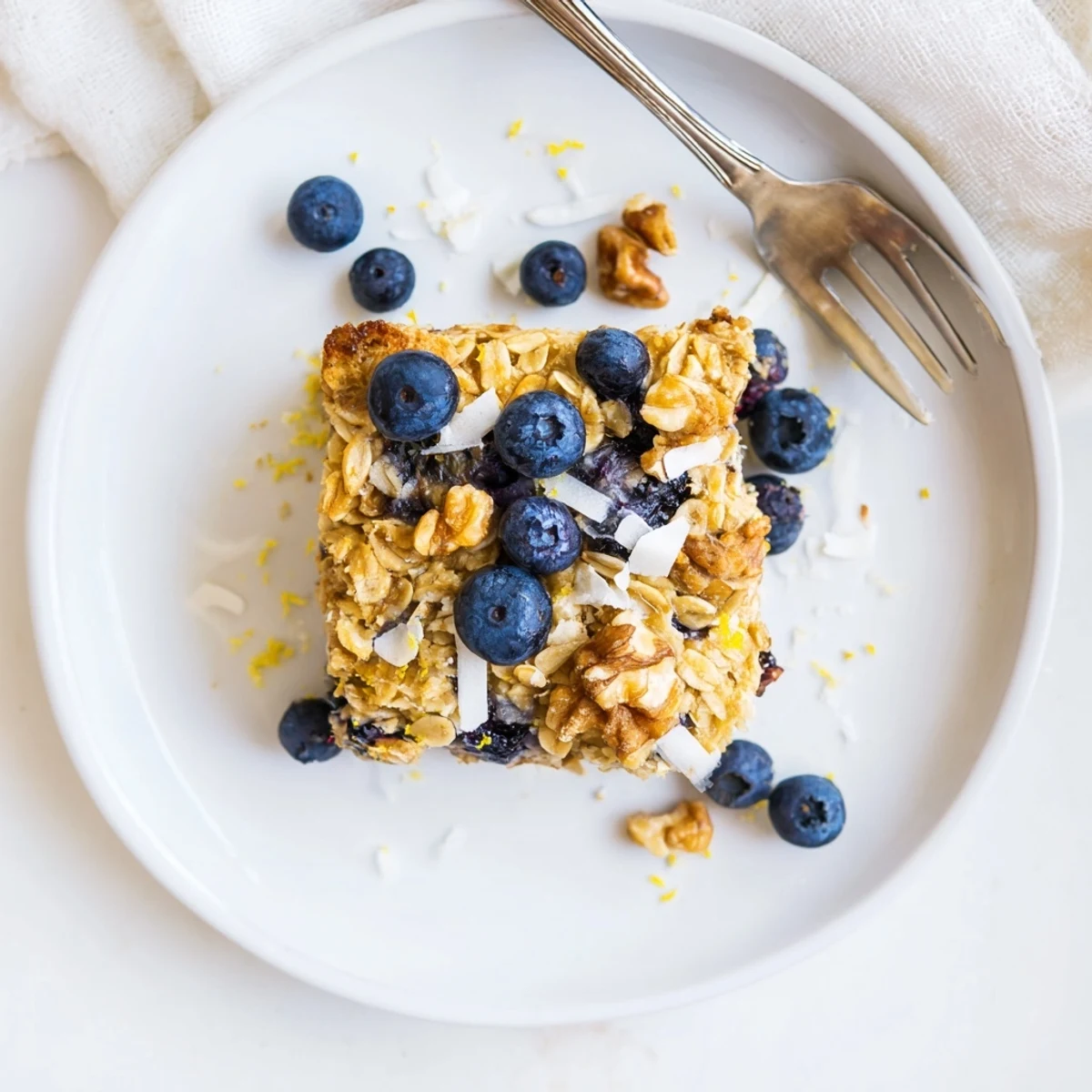 Golden baked oatmeal with juicy blueberries and bright lemon zest served warm in a dish