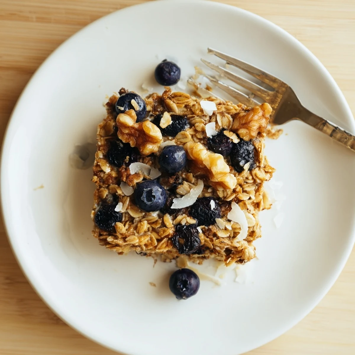 Lemon Blueberry Baked Oatmeal topped with scattered berries in a golden rustic baking dish