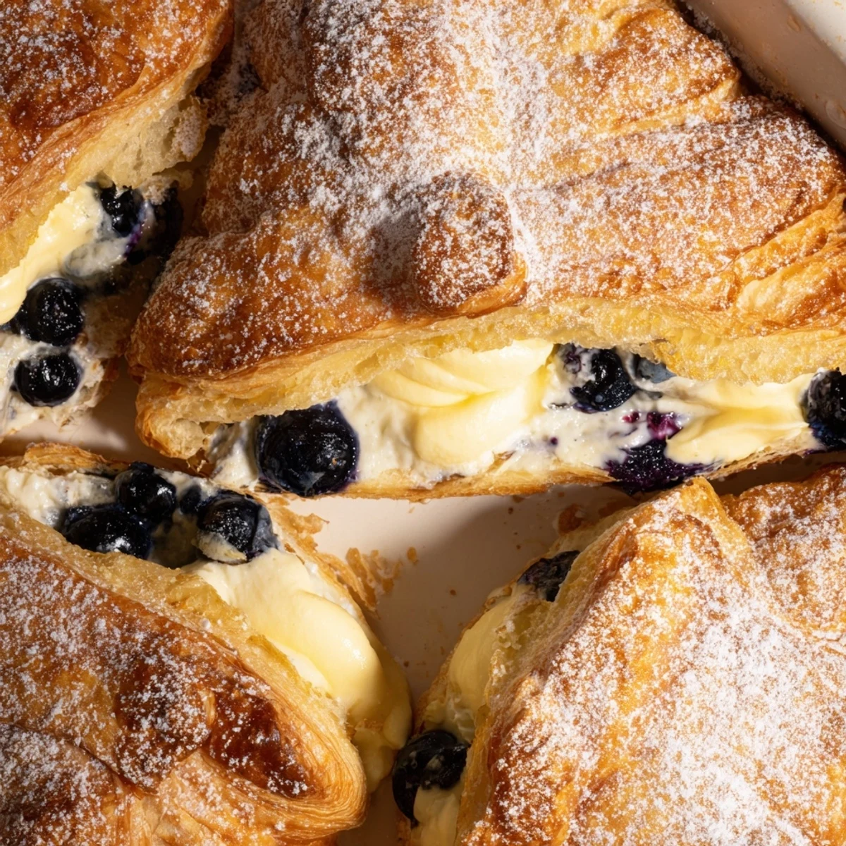 Golden blueberry cream cheese croissant casserole with bubbling berries and buttery, flaky pastry layers