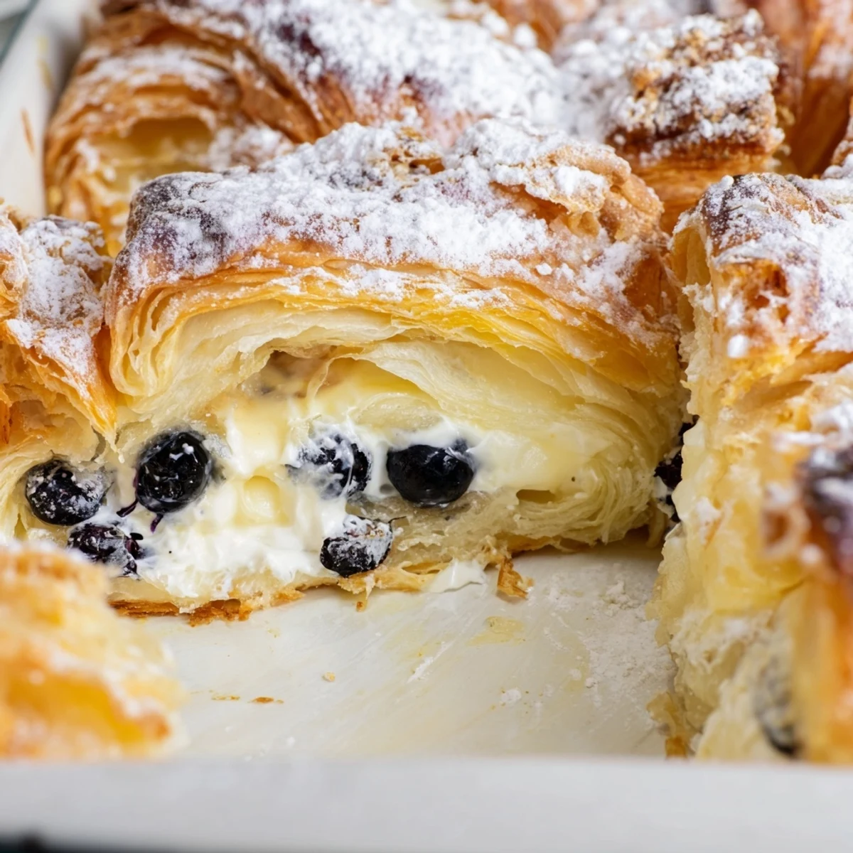 Baked breakfast dish featuring cream cheese stuffed croissants topped with sweet blueberries and powdered sugar