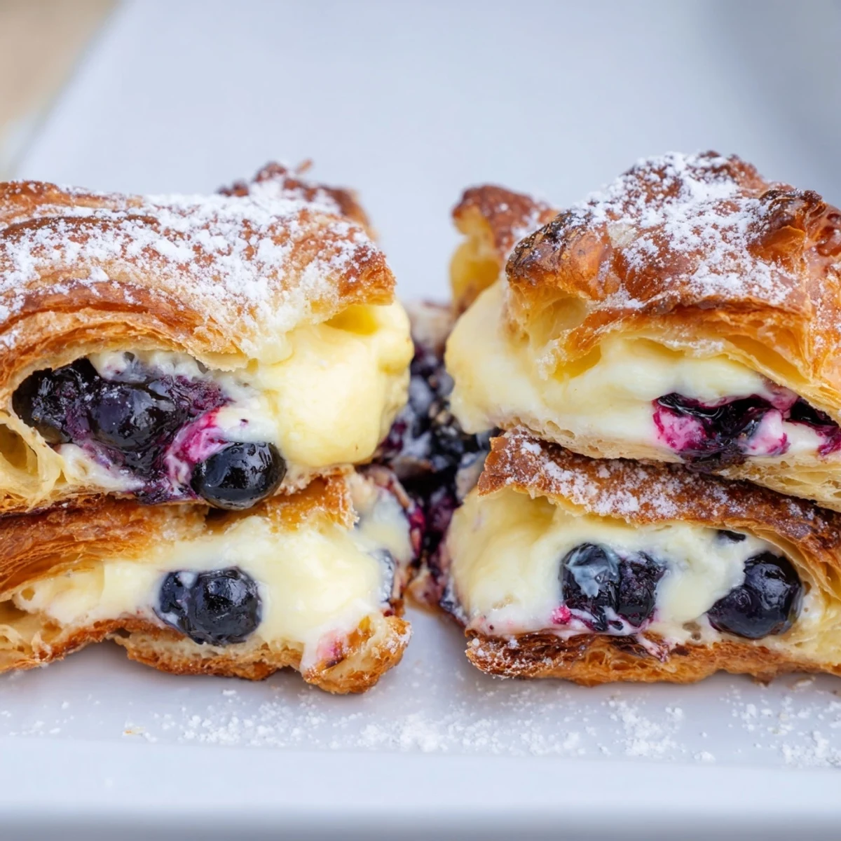 Slices of warm blueberry cream cheese croissant casserole served on a white plate with fresh mint