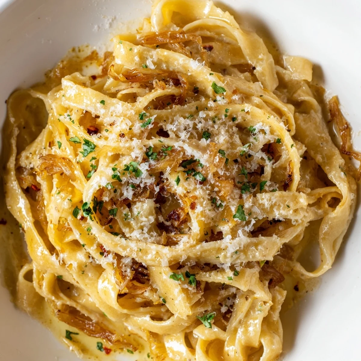Creamy Sweet Heat Caramelized Onion Fettuccine twirled in a white bowl with fresh parsley garnish