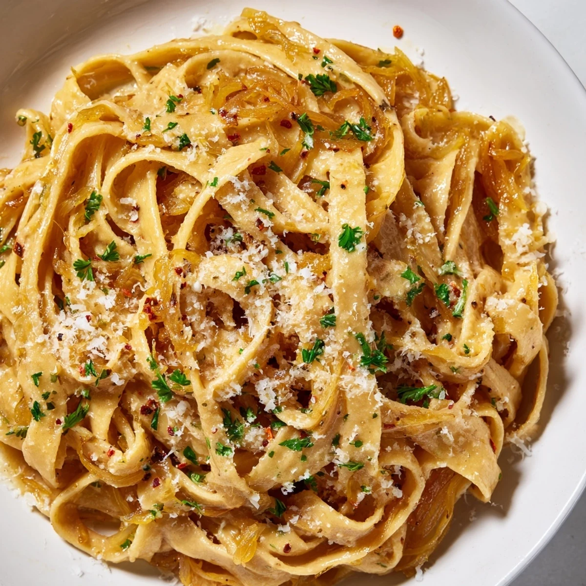 Golden caramelized onions coat Sweet Heat Caramelized Onion Fettuccine in a glossy, creamy sauce