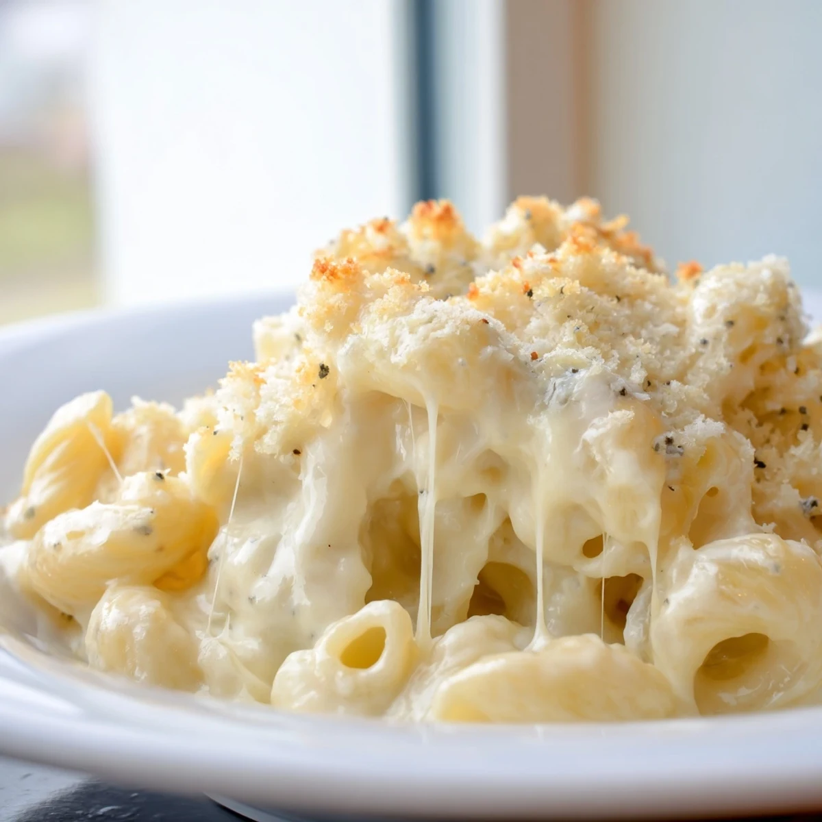 Golden baked three cheese macaroni with crispy panko topping served steaming hot