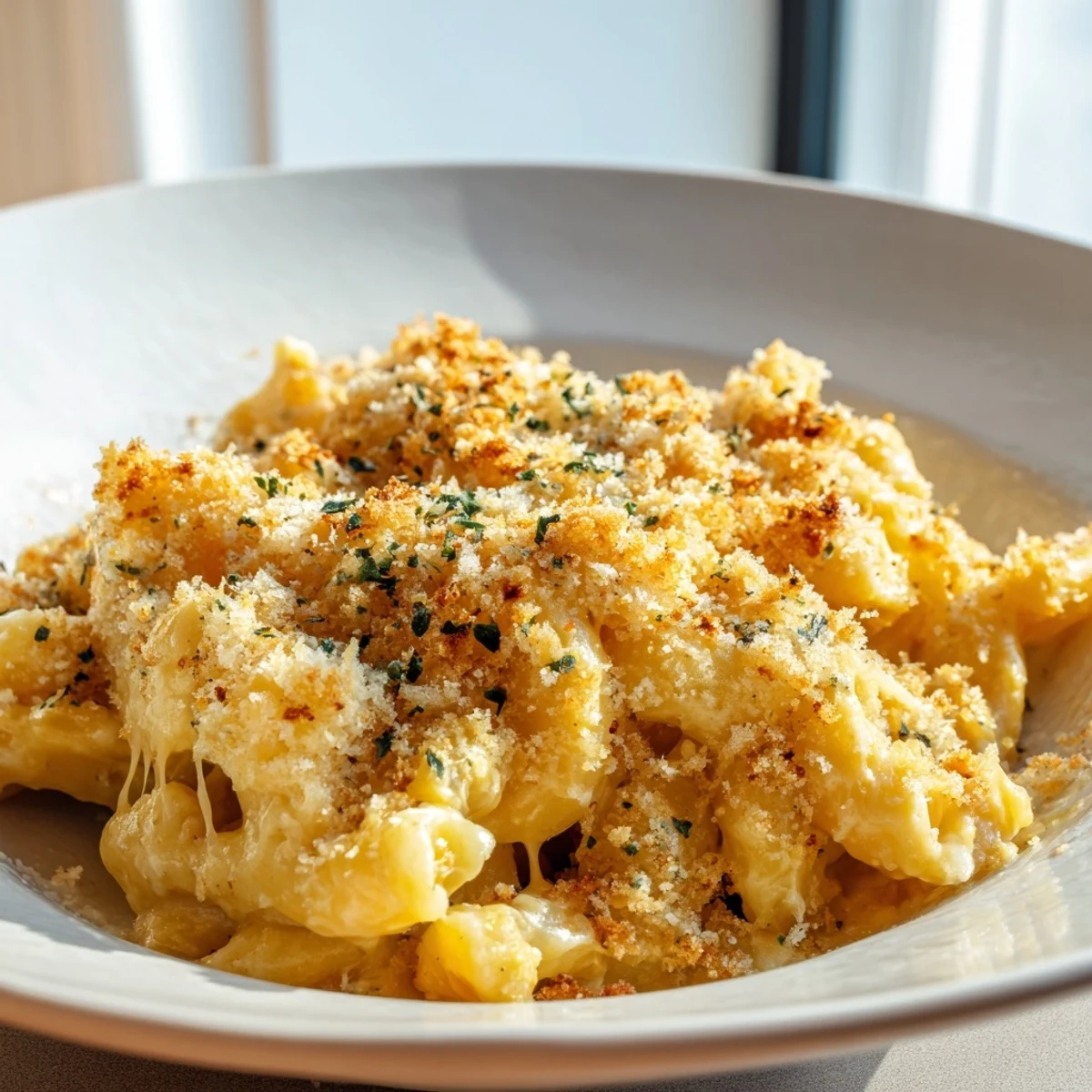 Creamy three cheese macaroni bubbling in cast iron dish with golden crust