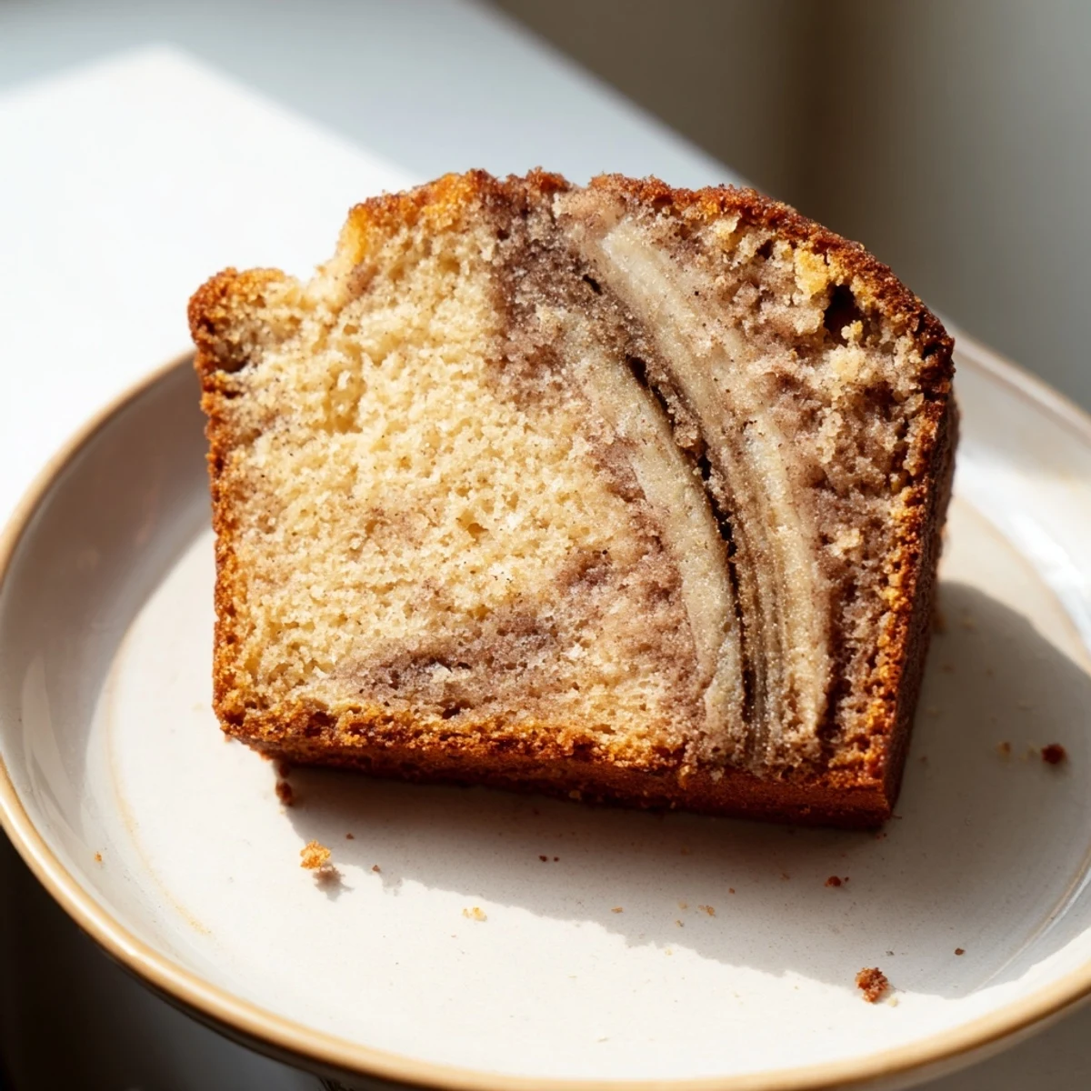 Moist cinnamon sugar swirl banana bread with golden crust and marbled spiced ribbon throughout