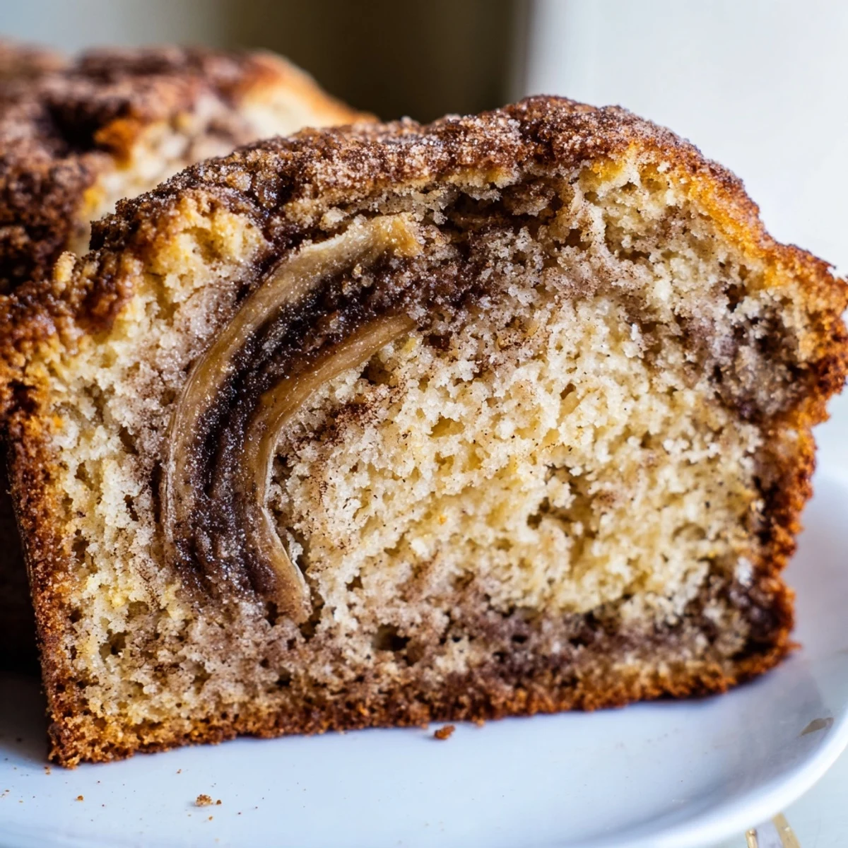 Warm slice of cinnamon sugar swirl banana bread showing tender crumb and sweet spiral pattern