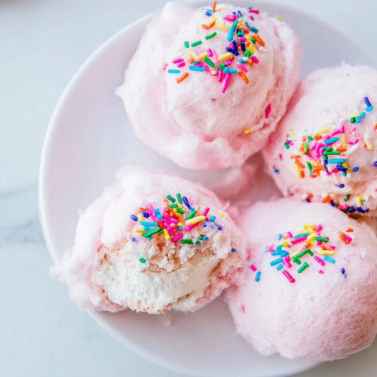 Creamy mini cotton candy cheesecake puff balls topped with colorful rainbow sprinkles