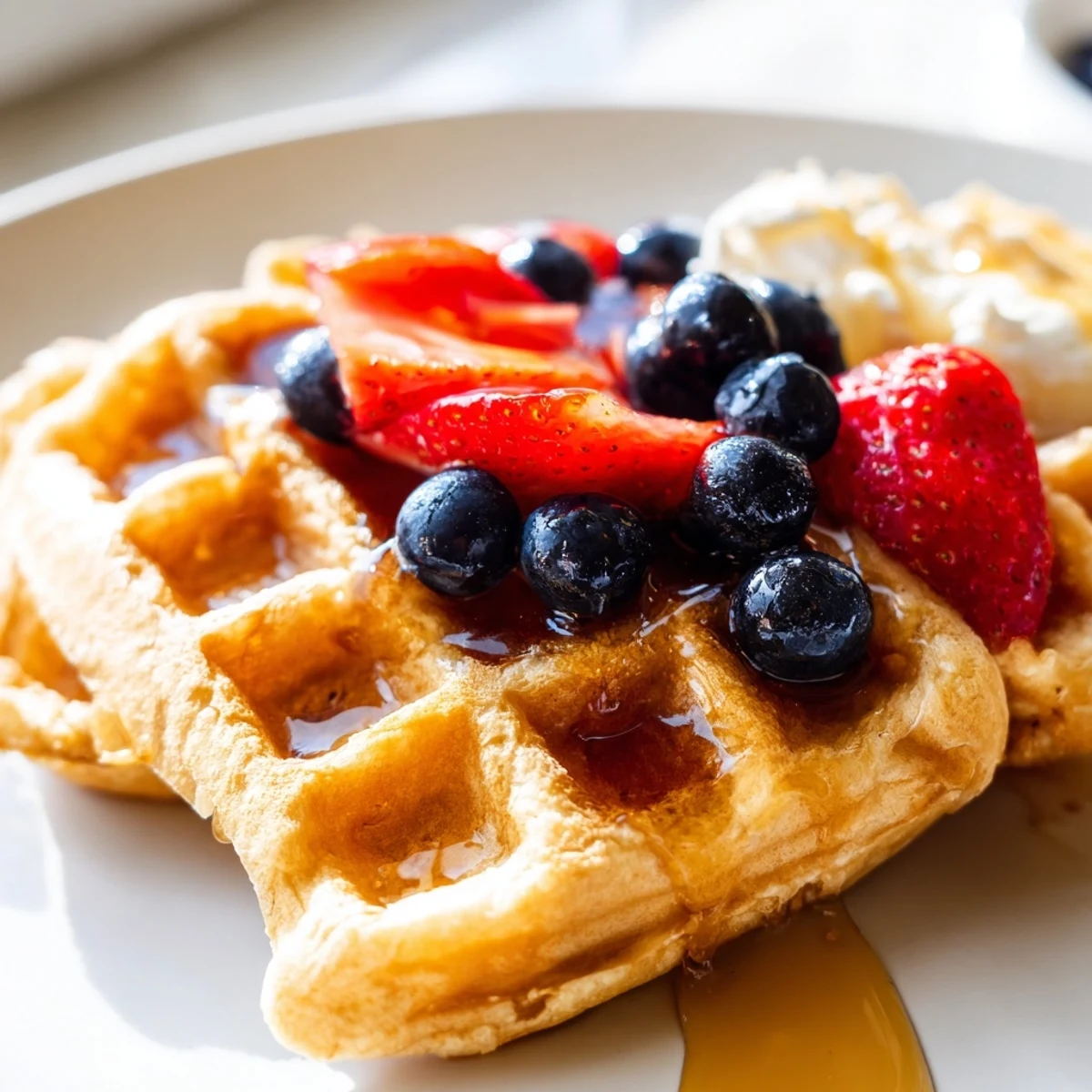 Golden Greek yogurt waffles topped with fresh berries and drizzled maple syrup on white plate