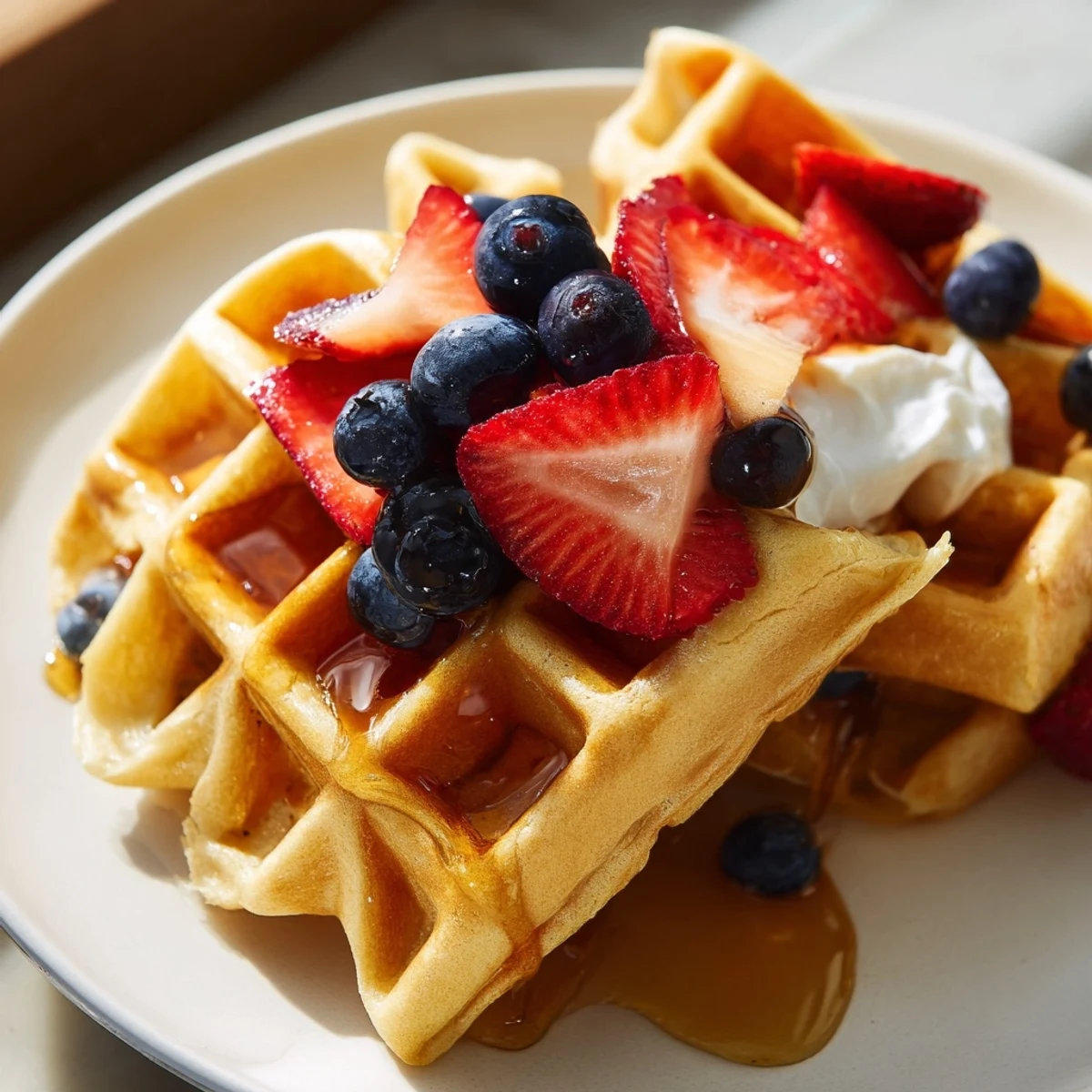 Crispy Greek yogurt waffles stacked high with melted butter and strawberry slices nearby