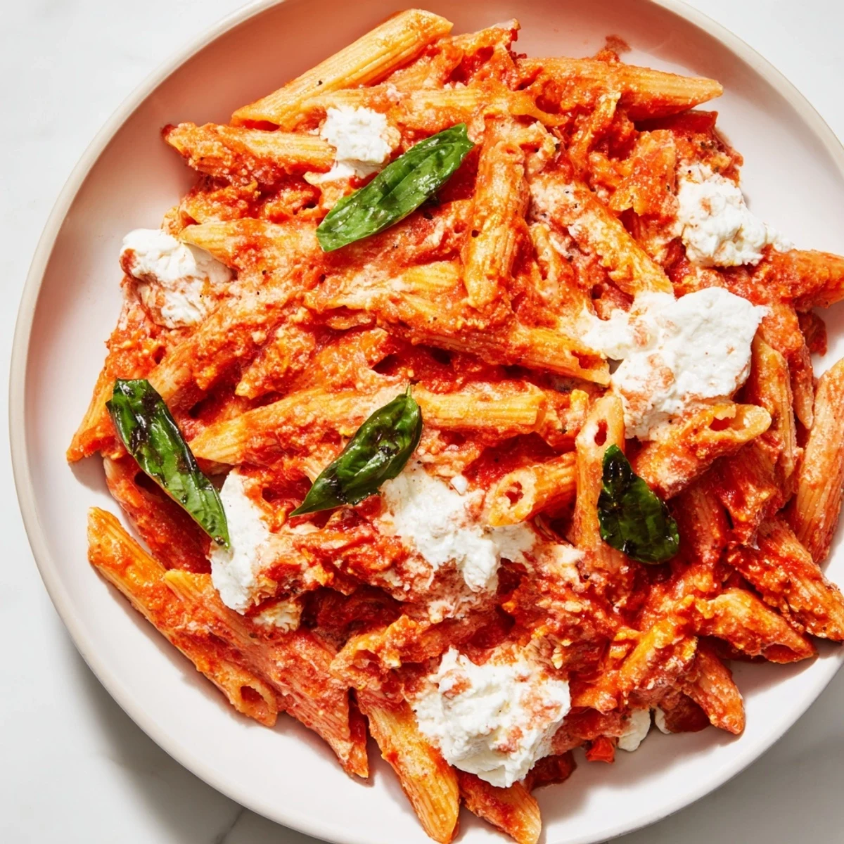 Golden tomato garlic ricotta penne in cast iron skillet with parmesan garnish