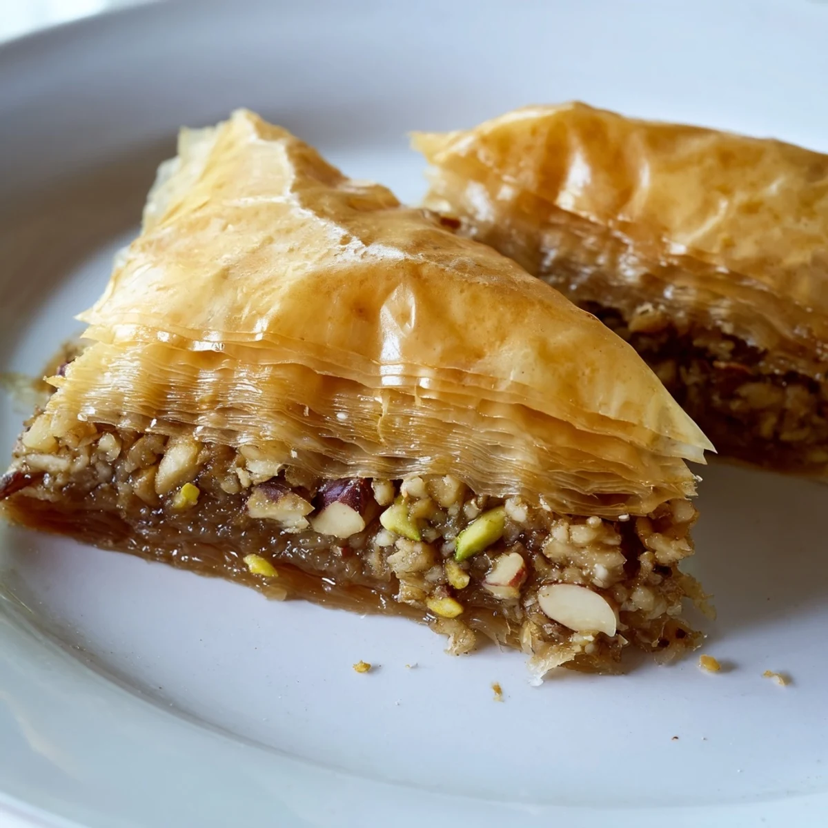 Golden Bosnian baklava diamond cut with spiced walnut filling glistening under sweet syrup
