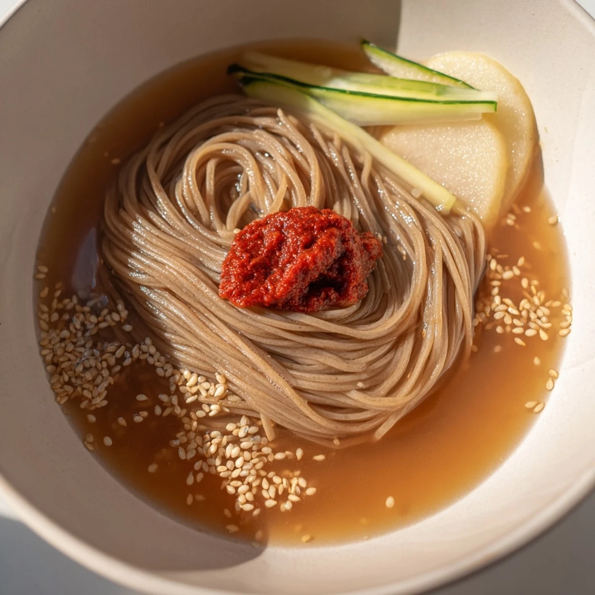 Chewy Korean naengmyeon cold noodle soup in tangy chilled broth with fresh cucumber garnish