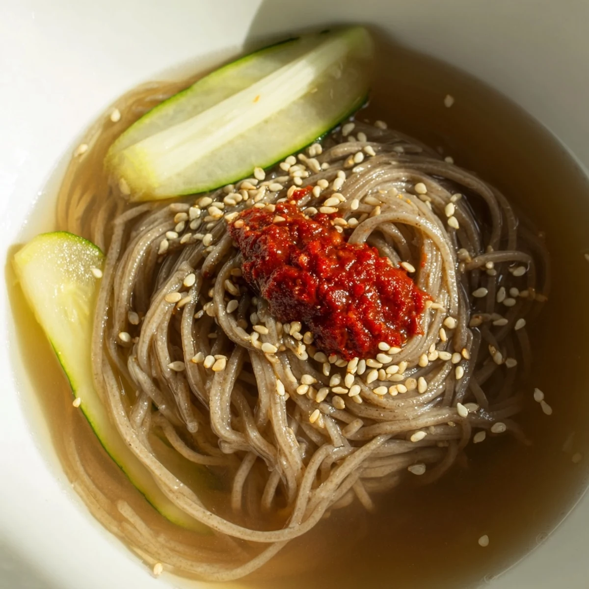 Buckwheat noodles swimming in icy Korean naengmyeon cold noodle soup topped with egg