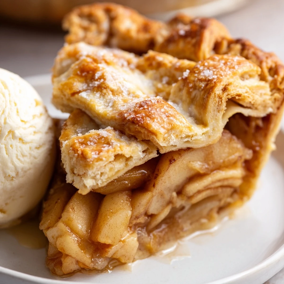 Golden brown apple pie with cinnamon spiced filling bubbling through a flaky lattice crust